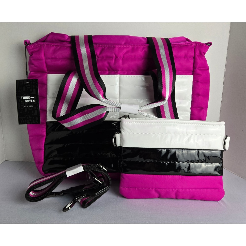 Think Royln Wingman Tote & Crossbody Bag Set Fuchsia White Black Quilted NWT